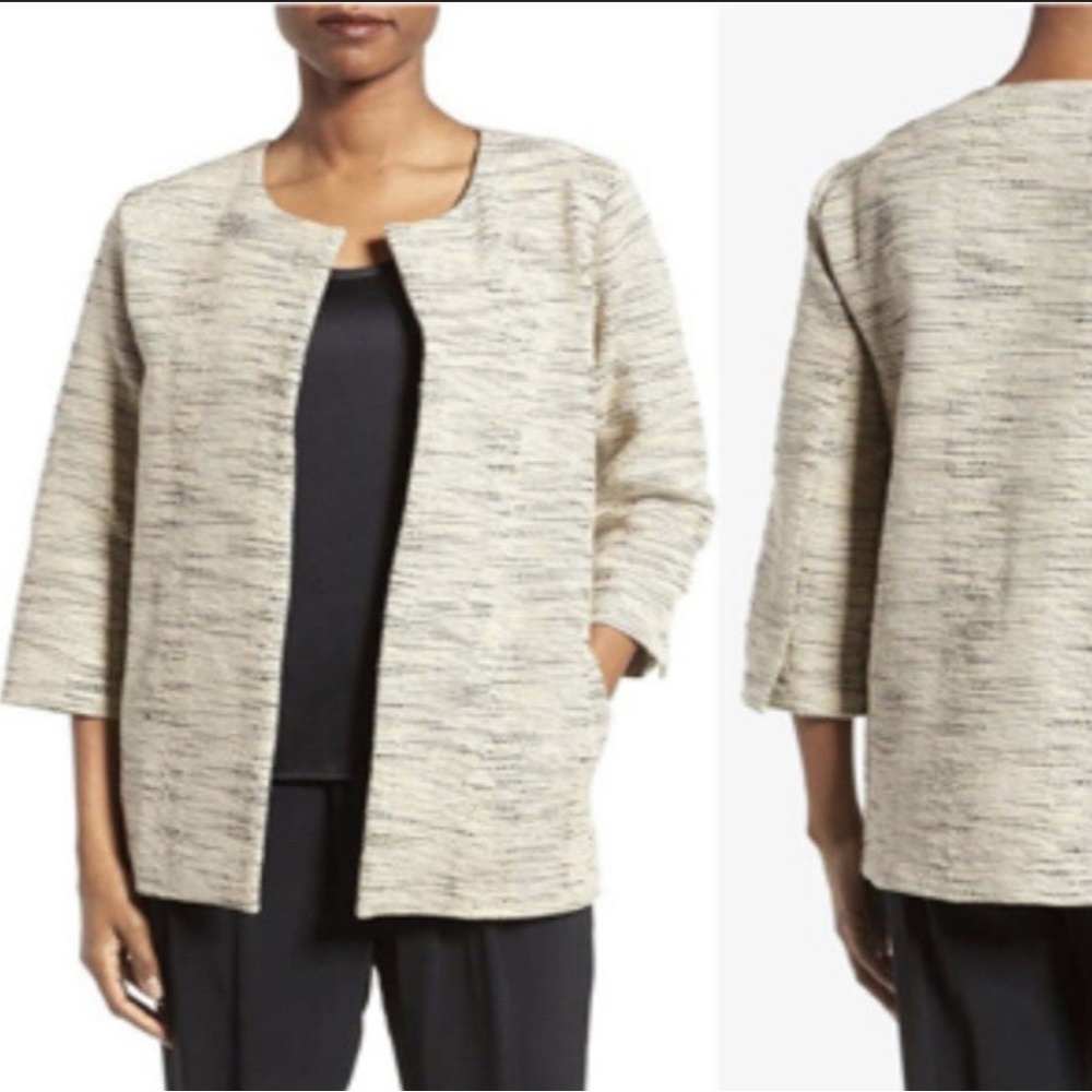 Eileen Fisher Cream and Black Natural Handloomed Cotton Open-Front Jacket
